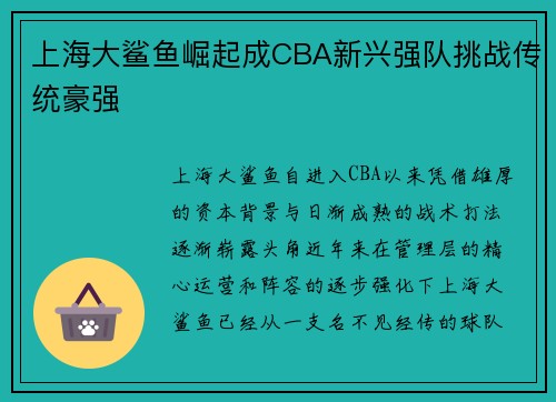 上海大鲨鱼崛起成CBA新兴强队挑战传统豪强